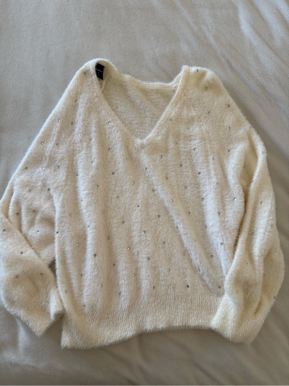 Express Cream V-Neck Fuzzy Sweater with Rhinestone Accents